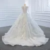 Luxury / Gorgeous White See-through Bridal Wedding Dresses 2020 Ball Gown Scoop Neck Long Sleeve Backless Appliques Flower Handmade  Beading Sweep Train Ruffle