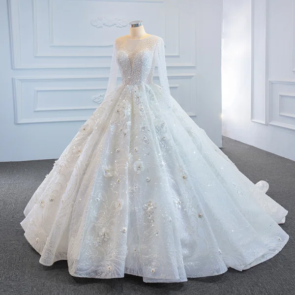 Luxe Blanche Transparentes La Mariée Robe De Mariée 2020 Robe Boule Encolure Dégagée Manches Longues Dos Nu Appliques Fleur Fait main Perlage Train De Balayage Volants