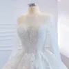 Luxury / Gorgeous White See-through Bridal Wedding Dresses 2020 Ball Gown Scoop Neck Long Sleeve Backless Appliques Flower Handmade  Beading Sweep Train Ruffle