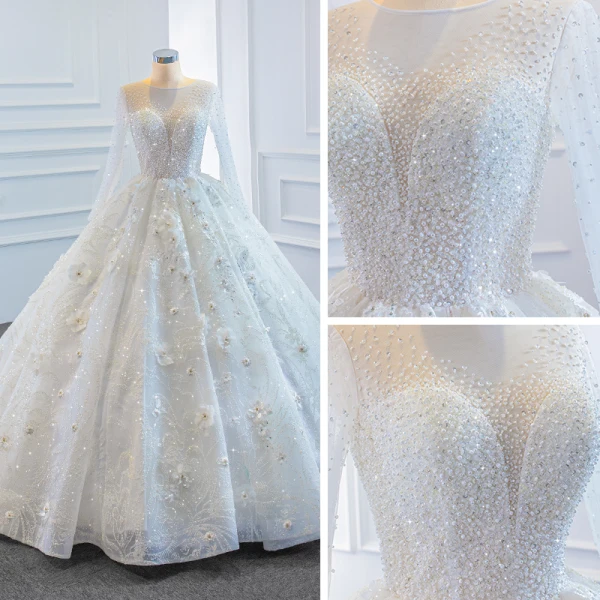 Luxe Blanche Transparentes La Mariée Robe De Mariée 2020 Robe Boule Encolure Dégagée Manches Longues Dos Nu Appliques Fleur Fait main Perlage Train De Balayage Volants