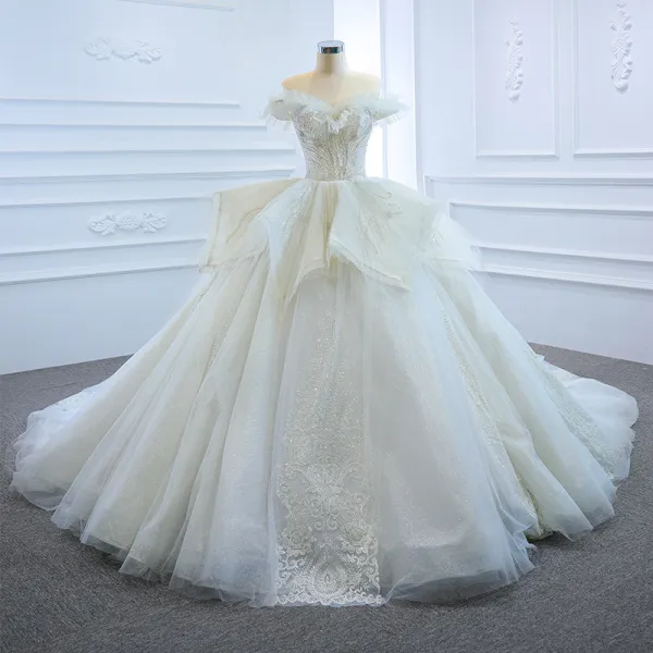 Luxury / Gorgeous White Bridal Wedding Dresses 2020 Ball Gown Off-The-Shoulder Short Sleeve Backless Appliques Lace Sequins Beading Glitter Tulle Cathedral Train