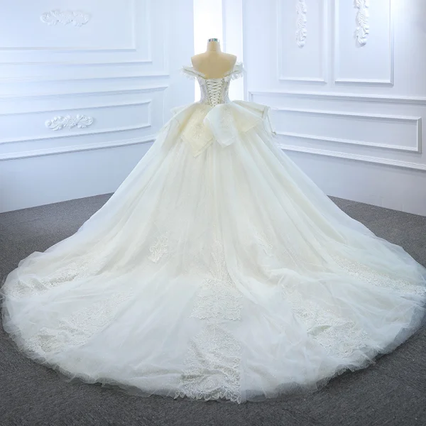 Luxury / Gorgeous White Bridal Wedding Dresses 2020 Ball Gown Off-The-Shoulder Short Sleeve Backless Appliques Lace Sequins Beading Glitter Tulle Cathedral Train
