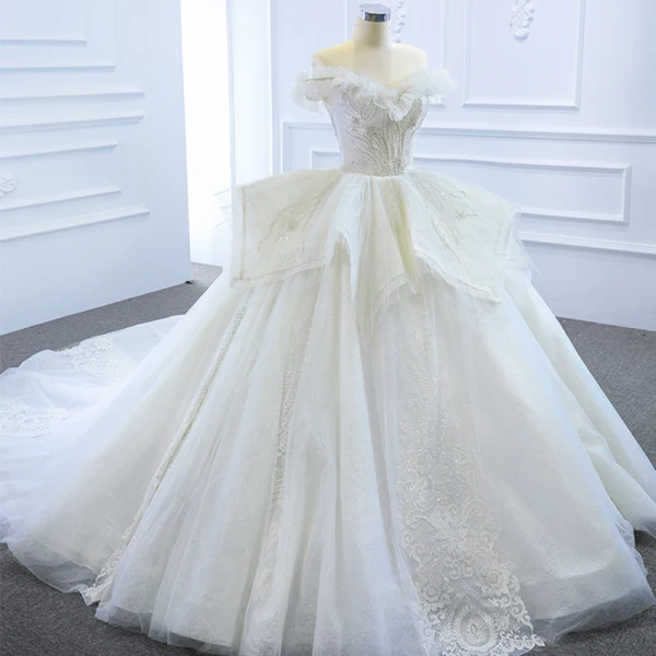 Luxury / Gorgeous White Bridal Wedding Dresses 2020 Ball Gown Off-The-Shoulder Short Sleeve Backless Appliques Lace Sequins Beading Glitter Tulle Cathedral Train