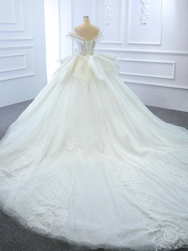Luxury / Gorgeous White Bridal Wedding Dresses 2020 Ball Gown Off-The-Shoulder Short Sleeve Backless Appliques Lace Sequins Beading Glitter Tulle Cathedral Train