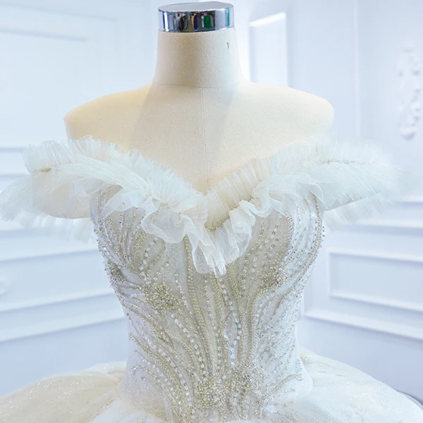 Luxury / Gorgeous White Bridal Wedding Dresses 2020 Ball Gown Off-The-Shoulder Short Sleeve Backless Appliques Lace Sequins Beading Glitter Tulle Cathedral Train