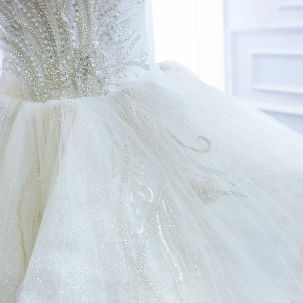 Luxury / Gorgeous White Bridal Wedding Dresses 2020 Ball Gown Off-The-Shoulder Short Sleeve Backless Appliques Lace Sequins Beading Glitter Tulle Cathedral Train