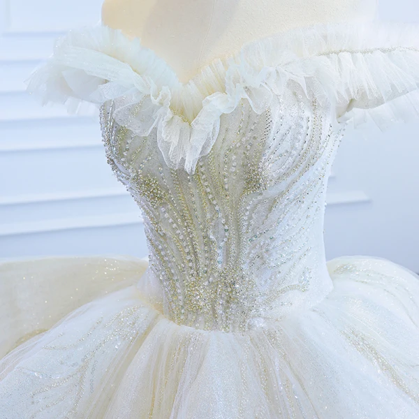 Luxury / Gorgeous White Bridal Wedding Dresses 2020 Ball Gown Off-The-Shoulder Short Sleeve Backless Appliques Lace Sequins Beading Glitter Tulle Cathedral Train