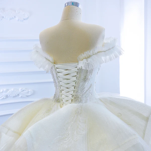 Luxury / Gorgeous White Bridal Wedding Dresses 2020 Ball Gown Off-The-Shoulder Short Sleeve Backless Appliques Lace Sequins Beading Glitter Tulle Cathedral Train