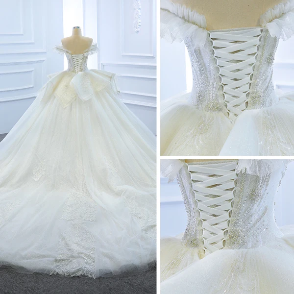 Luxury / Gorgeous White Bridal Wedding Dresses 2020 Ball Gown Off-The-Shoulder Short Sleeve Backless Appliques Lace Sequins Beading Glitter Tulle Cathedral Train