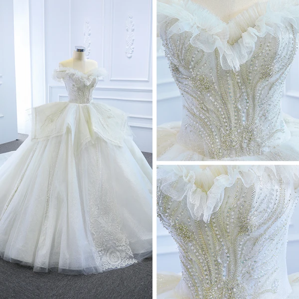 Luxury / Gorgeous White Bridal Wedding Dresses 2020 Ball Gown Off-The-Shoulder Short Sleeve Backless Appliques Lace Sequins Beading Glitter Tulle Cathedral Train