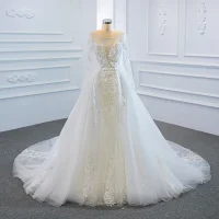 Luxus / Herrlich Weiß Hochzeits Brautkleider / Hochzeitskleider 2020 Ballkleid Durchsichtige Rundhalsausschnitt Lange Ärmel Rückenfreies Applikationen Spitze Handgefertigt Perlenstickerei Abnehmbar Kapelle-Schleppe