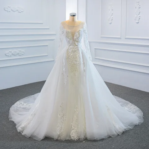Luxus / Herrlich Weiß Hochzeits Brautkleider / Hochzeitskleider 2020 Ballkleid Durchsichtige Rundhalsausschnitt Lange Ärmel Rückenfreies Applikationen Spitze Handgefertigt Perlenstickerei Abnehmbar Kapelle-Schleppe