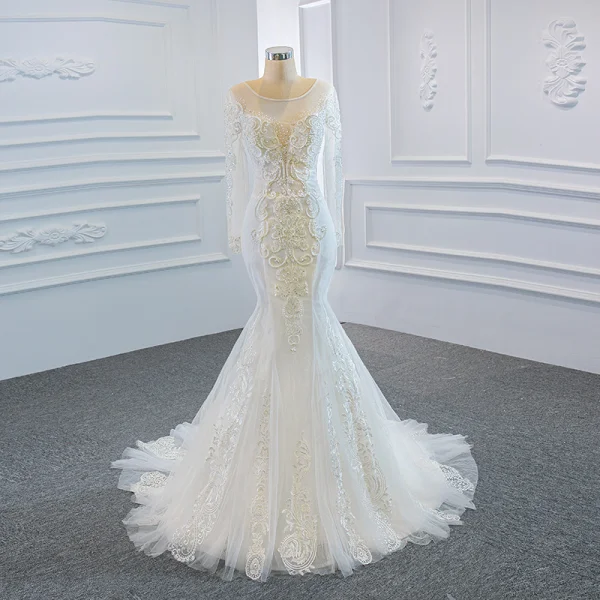 Luxe Blanche La Mariée Robe De Mariée 2020 Robe Boule Transparentes Encolure Dégagée Manches Longues Dos Nu Appliques En Dentelle Fait main Perlage Détachable Chapel Train