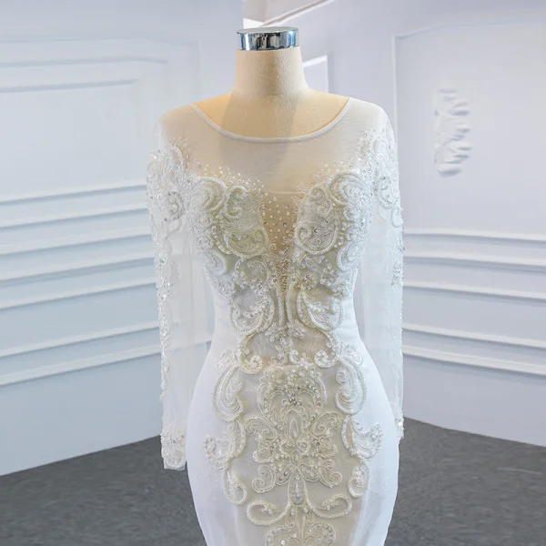 Luxe Blanche La Mariée Robe De Mariée 2020 Robe Boule Transparentes Encolure Dégagée Manches Longues Dos Nu Appliques En Dentelle Fait main Perlage Détachable Chapel Train