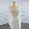 Luxury / Gorgeous White Bridal Wedding Dresses 2020 Ball Gown See-through Scoop Neck Long Sleeve Backless Appliques Lace Handmade  Beading Detachable Chapel Train
