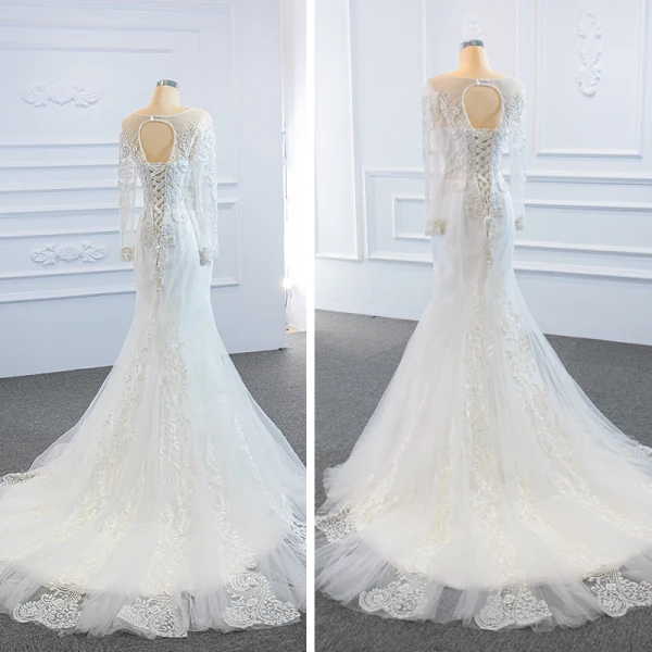 Luxe Blanche La Mariée Robe De Mariée 2020 Robe Boule Transparentes Encolure Dégagée Manches Longues Dos Nu Appliques En Dentelle Fait main Perlage Détachable Chapel Train