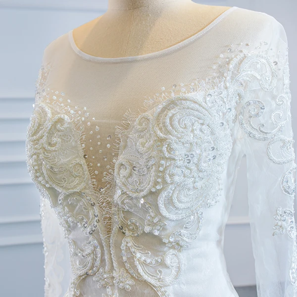Luxe Blanche La Mariée Robe De Mariée 2020 Robe Boule Transparentes Encolure Dégagée Manches Longues Dos Nu Appliques En Dentelle Fait main Perlage Détachable Chapel Train