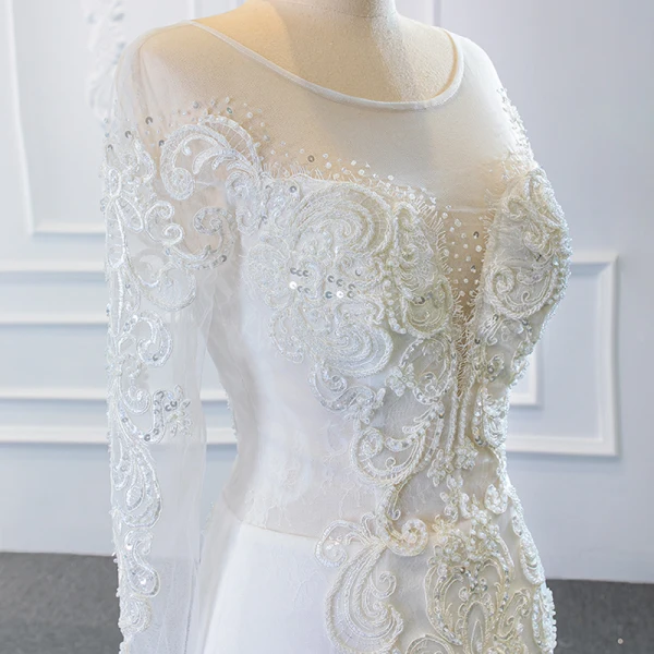 Luxe Blanche La Mariée Robe De Mariée 2020 Robe Boule Transparentes Encolure Dégagée Manches Longues Dos Nu Appliques En Dentelle Fait main Perlage Détachable Chapel Train
