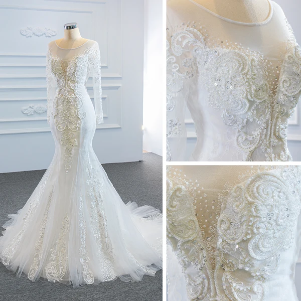 Luxe Blanche La Mariée Robe De Mariée 2020 Robe Boule Transparentes Encolure Dégagée Manches Longues Dos Nu Appliques En Dentelle Fait main Perlage Détachable Chapel Train