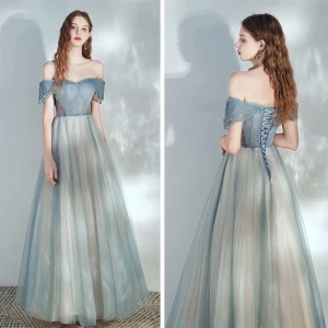 Elegant Hav Blå Champagne Dancing Ballkjoler 2020 Prinsesse Av Skulderen Korte Ermer Beading Glitter Tyll Lange Buste Ryggløse Formelle Kjoler