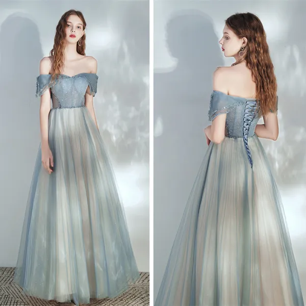 Elegant Ocean Blue Champagne Dancing Prom Dresses 2020 A-Line / Princess Off-The-Shoulder Short Sleeve Beading Glitter Tulle Floor-Length / Long Ruffle Backless Formal Dresses