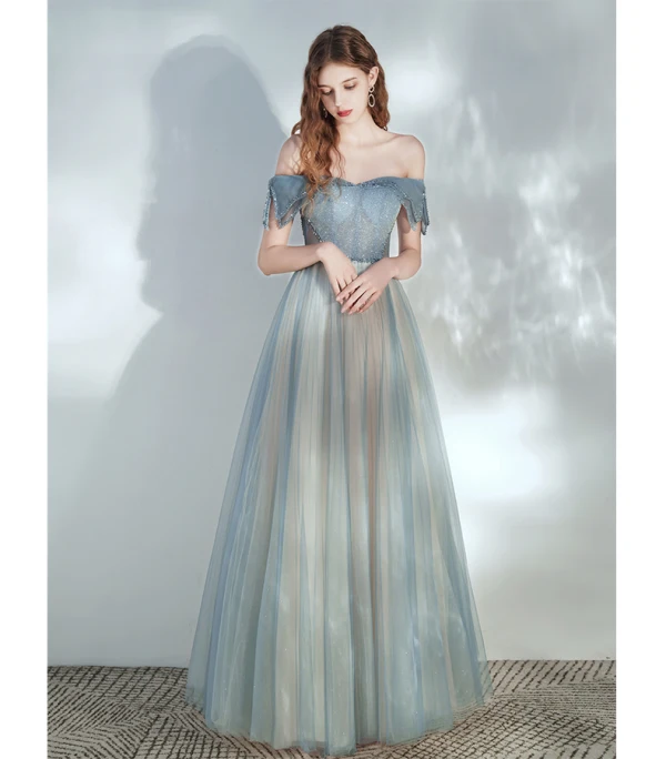 Elegant Ocean Blue Champagne Dancing Prom Dresses 2020 A-Line / Princess Off-The-Shoulder Short Sleeve Beading Glitter Tulle Floor-Length / Long Ruffle Backless Formal Dresses