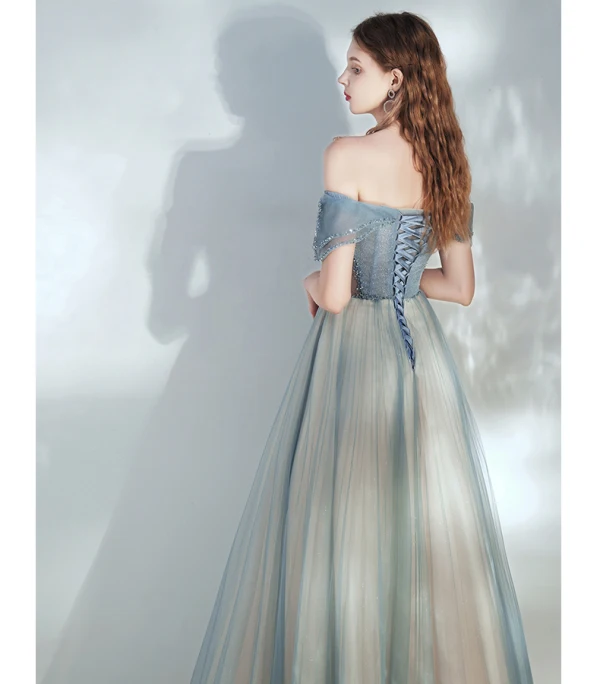 Elegant Ocean Blue Champagne Dancing Prom Dresses 2020 A-Line / Princess Off-The-Shoulder Short Sleeve Beading Glitter Tulle Floor-Length / Long Ruffle Backless Formal Dresses