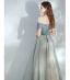 Elegant Ocean Blue Champagne Dancing Prom Dresses 2020 A-Line / Princess Off-The-Shoulder Short Sleeve Beading Glitter Tulle Floor-Length / Long Ruffle Backless Formal Dresses
