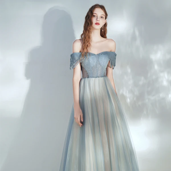 Elegant Ocean Blue Champagne Dancing Prom Dresses 2020 A-Line / Princess Off-The-Shoulder Short Sleeve Beading Glitter Tulle Floor-Length / Long Ruffle Backless Formal Dresses