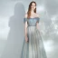 Elegant Ocean Blue Champagne Dancing Prom Dresses 2020 A-Line / Princess Off-The-Shoulder Short Sleeve Beading Glitter Tulle Floor-Length / Long Ruffle Backless Formal Dresses