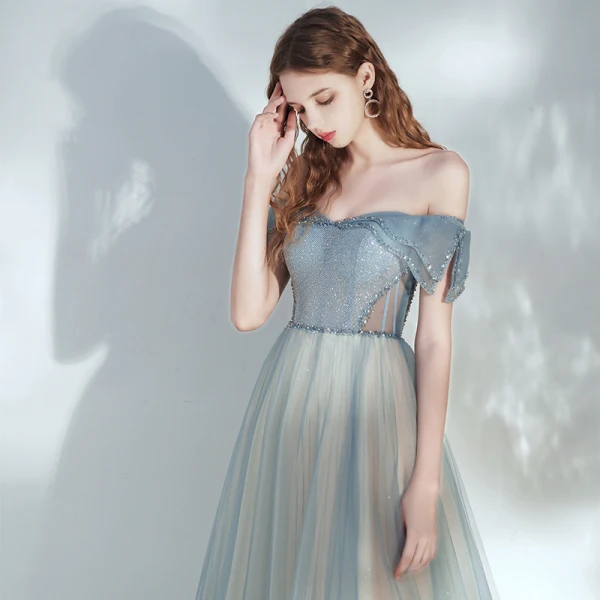Elegant Ocean Blue Champagne Dancing Prom Dresses 2020 A-Line / Princess Off-The-Shoulder Short Sleeve Beading Glitter Tulle Floor-Length / Long Ruffle Backless Formal Dresses