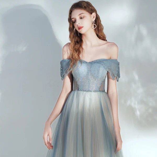 Elegant Ocean Blue Champagne Dancing Prom Dresses 2020 A-Line / Princess Off-The-Shoulder Short Sleeve Beading Glitter Tulle Floor-Length / Long Ruffle Backless Formal Dresses