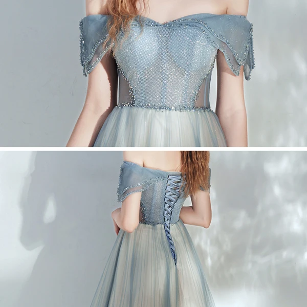 Elegant Ocean Blue Champagne Dancing Prom Dresses 2020 A-Line / Princess Off-The-Shoulder Short Sleeve Beading Glitter Tulle Floor-Length / Long Ruffle Backless Formal Dresses