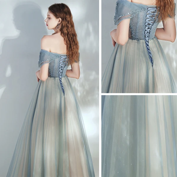 Elegant Ocean Blue Champagne Dancing Prom Dresses 2020 A-Line / Princess Off-The-Shoulder Short Sleeve Beading Glitter Tulle Floor-Length / Long Ruffle Backless Formal Dresses