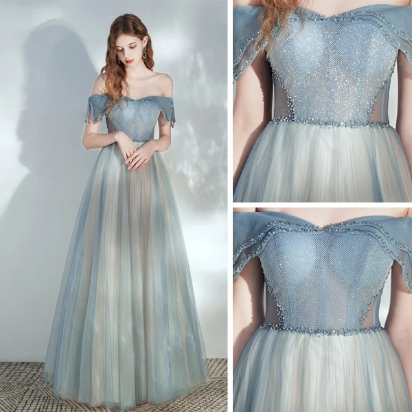 Elegant Ocean Blue Champagne Dancing Prom Dresses 2020 A-Line / Princess Off-The-Shoulder Short Sleeve Beading Glitter Tulle Floor-Length / Long Ruffle Backless Formal Dresses