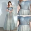 Elegant Ocean Blue Champagne Dancing Prom Dresses 2020 A-Line / Princess Off-The-Shoulder Short Sleeve Beading Glitter Tulle Floor-Length / Long Ruffle Backless Formal Dresses