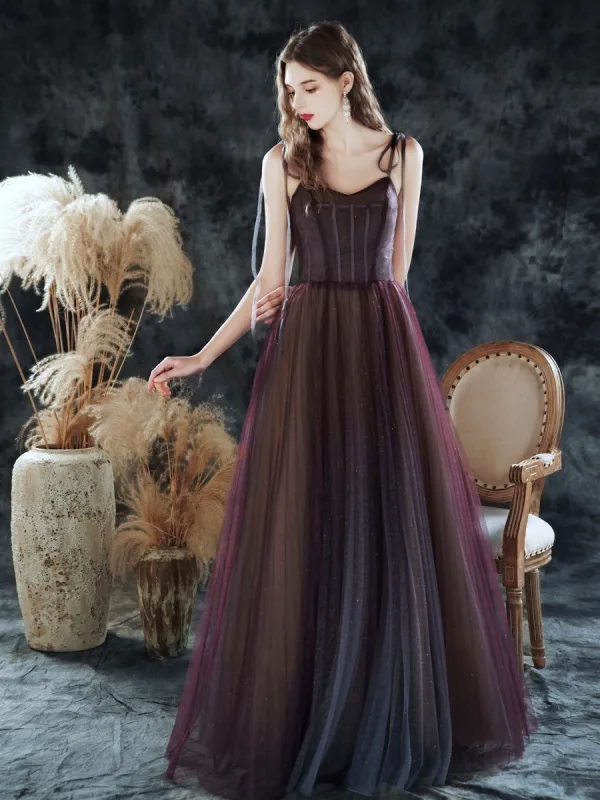 High End Violett Tanzen Ballkleider 2020 A Linie Spaghettiträger Ärmellos Glanz Tülle Lange Rüschen Rückenfreies Festliche Kleider