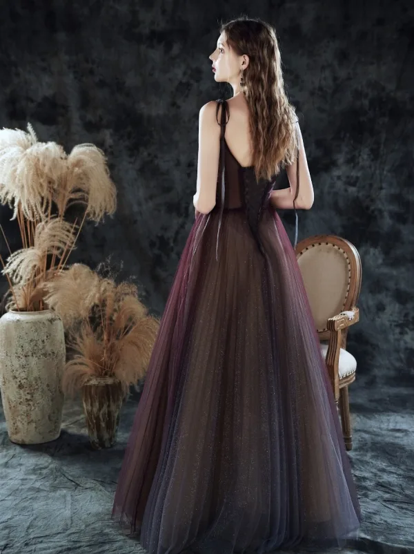 High End Violett Tanzen Ballkleider 2020 A Linie Spaghettiträger Ärmellos Glanz Tülle Lange Rüschen Rückenfreies Festliche Kleider