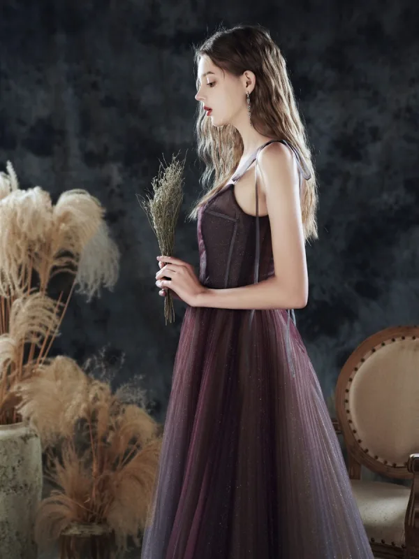 High End Violett Tanzen Ballkleider 2020 A Linie Spaghettiträger Ärmellos Glanz Tülle Lange Rüschen Rückenfreies Festliche Kleider