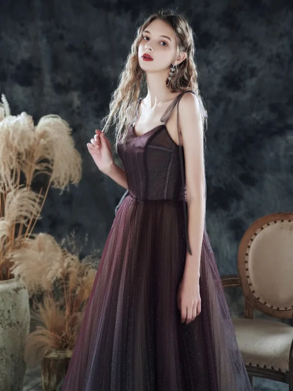 High End Violett Tanzen Ballkleider 2020 A Linie Spaghettiträger Ärmellos Glanz Tülle Lange Rüschen Rückenfreies Festliche Kleider