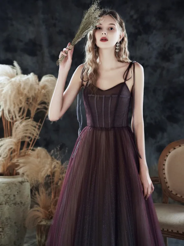 High End Violett Tanzen Ballkleider 2020 A Linie Spaghettiträger Ärmellos Glanz Tülle Lange Rüschen Rückenfreies Festliche Kleider
