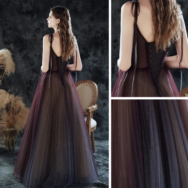 High End Violett Tanzen Ballkleider 2020 A Linie Spaghettiträger Ärmellos Glanz Tülle Lange Rüschen Rückenfreies Festliche Kleider