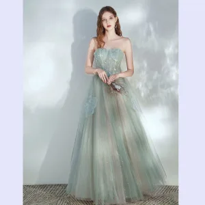 Elegant Salvie Grønn Ballkjoler 2020 Prinsesse Kjæreste Uten Ermer Beading Glitter Tyll Lange Buste Ryggløse Formelle Kjoler