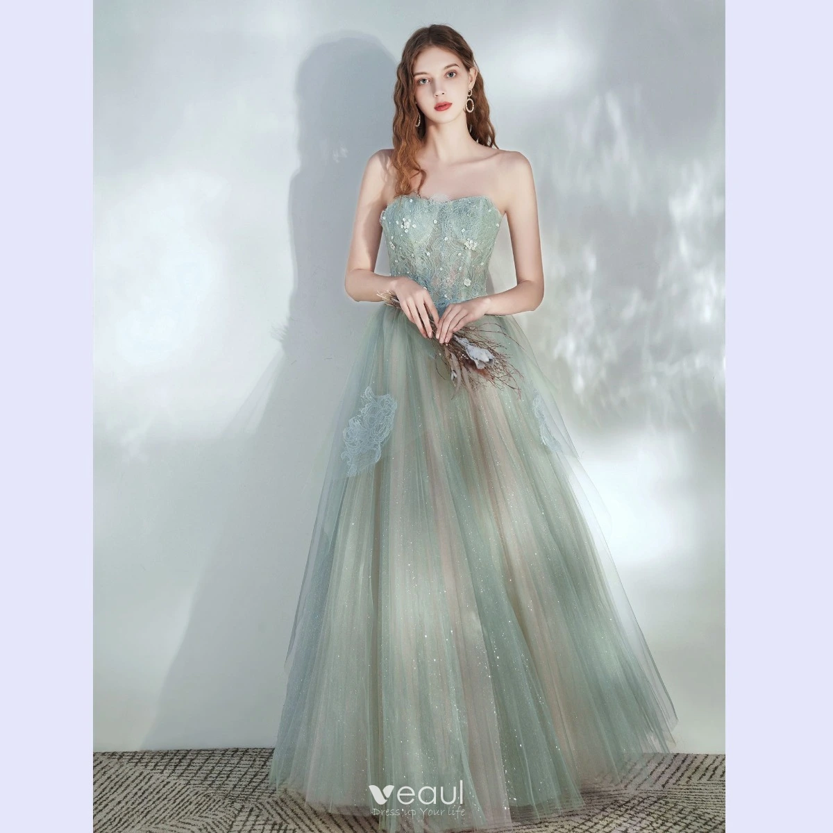 Elegant Sage Green Prom Dresses 2020 A-Line / Princess Sweetheart  Sleeveless Beading Glitter Tulle Floor-Length / Long Ruffle Backless Formal  Dresses