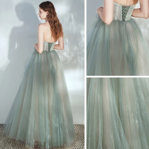 Elegant Salvie Grønn Ballkjoler 2020 Prinsesse Kjæreste Uten Ermer Beading Glitter Tyll Lange Buste Ryggløse Formelle Kjoler