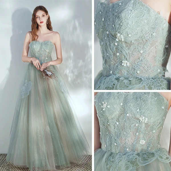 Elegant Salvie Grønn Ballkjoler 2020 Prinsesse Kjæreste Uten Ermer Beading Glitter Tyll Lange Buste Ryggløse Formelle Kjoler