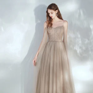 Chic Belle Marron Dansant Robe De Bal 2020 Princesse Bretelles Spaghetti Sans Manches Paillettes Perlage Longue Volants Dos Nu Robe De Ceremonie