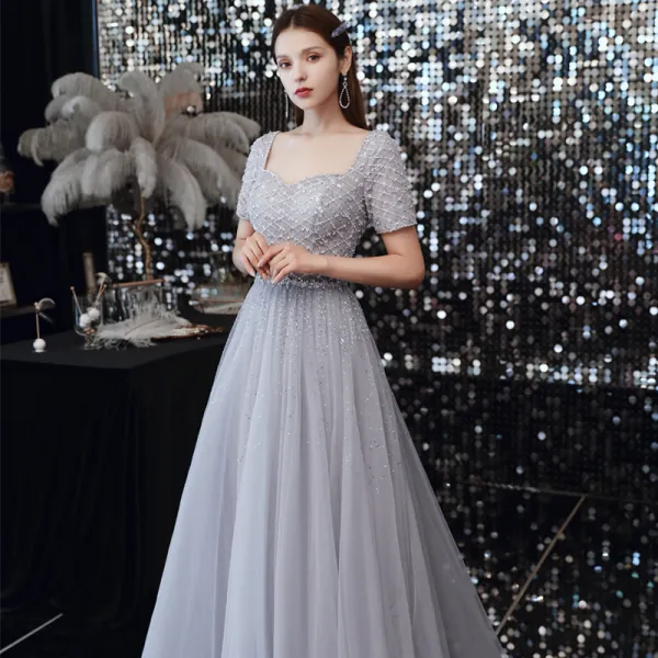 Classic Grey Dancing Prom Dresses 2020 A-Line / Princess Square ...