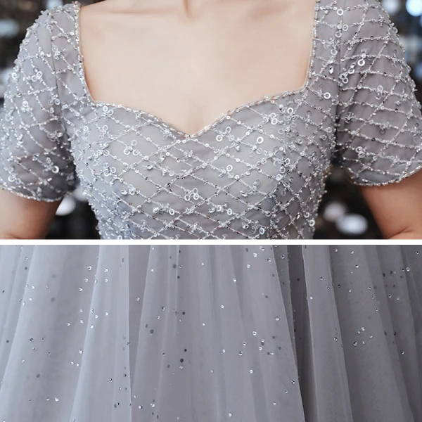 Classique Gris Dansant Robe De Bal 2020 Princesse Encolure Carrée Manches Courtes Paillettes Perlage Longue Volants Dos Nu Robe De Ceremonie