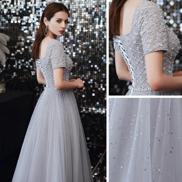 Classique Gris Dansant Robe De Bal 2020 Princesse Encolure Carrée Manches Courtes Paillettes Perlage Longue Volants Dos Nu Robe De Ceremonie
